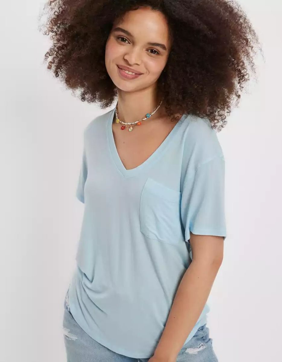 T Shirts American Eagle AE Soft & Sexy V-Neck Pocket Tee Bleu Clair Femme | ZLV-59274198